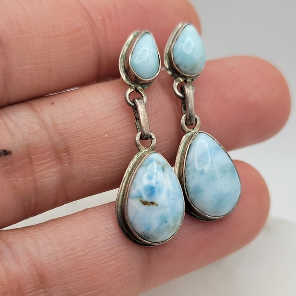 Gorgeous Genuine Larimar Sterling Silver Teardrop Earrings - Picture 2 of 10